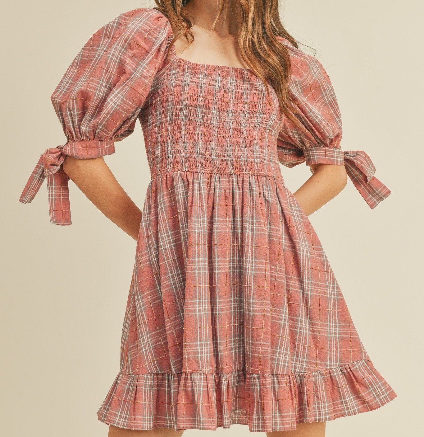 Plaid Smocked Mini Dress Dusty Mauve Plaid available at